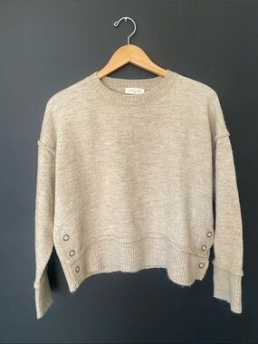 Sophie Rue Edan Crop Boxy Crewneck Button side Pullover Sweater in Beige